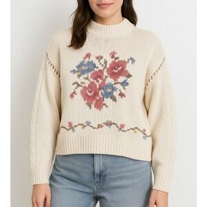 Lizsport Vintage Floral Sweater LARGE Cream Cotton Knit Embroidered Grannycore